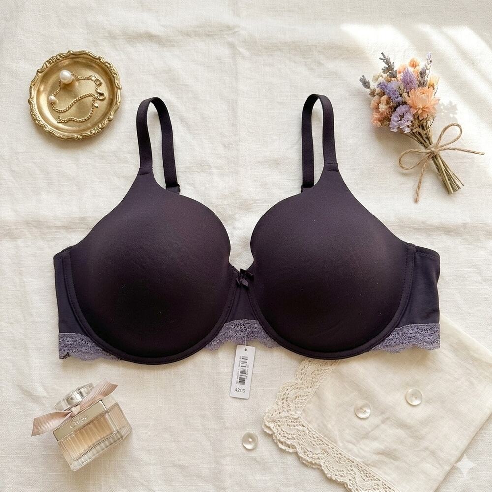Adore Me Black Underwire Contour Bra with Purple Lace Trim Size 42DD NWT